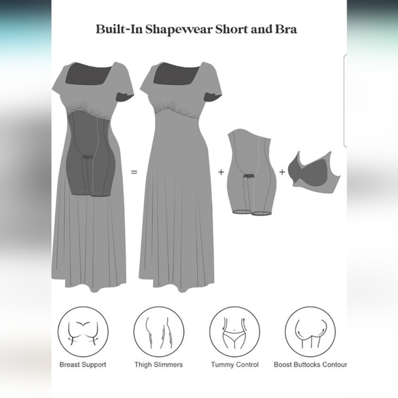 Popilush Black Square Neck Flutter Sleeve Shapewear Tummy Control Midi Dress L - Picture 2 of 9